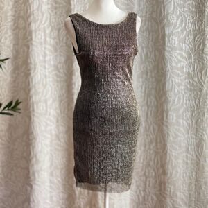 Vintage Y2K ESTAM Glam Silver Metallic Boat Neck Cocktail Bodycon NYE Dress Sz M